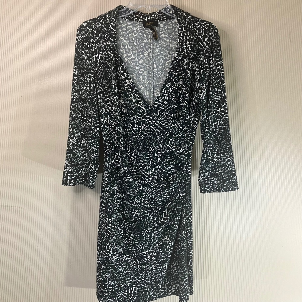 Laundry by Design Black White Abstract Print Faux Wrap Dress Size 8 3/4‎ Sleeve